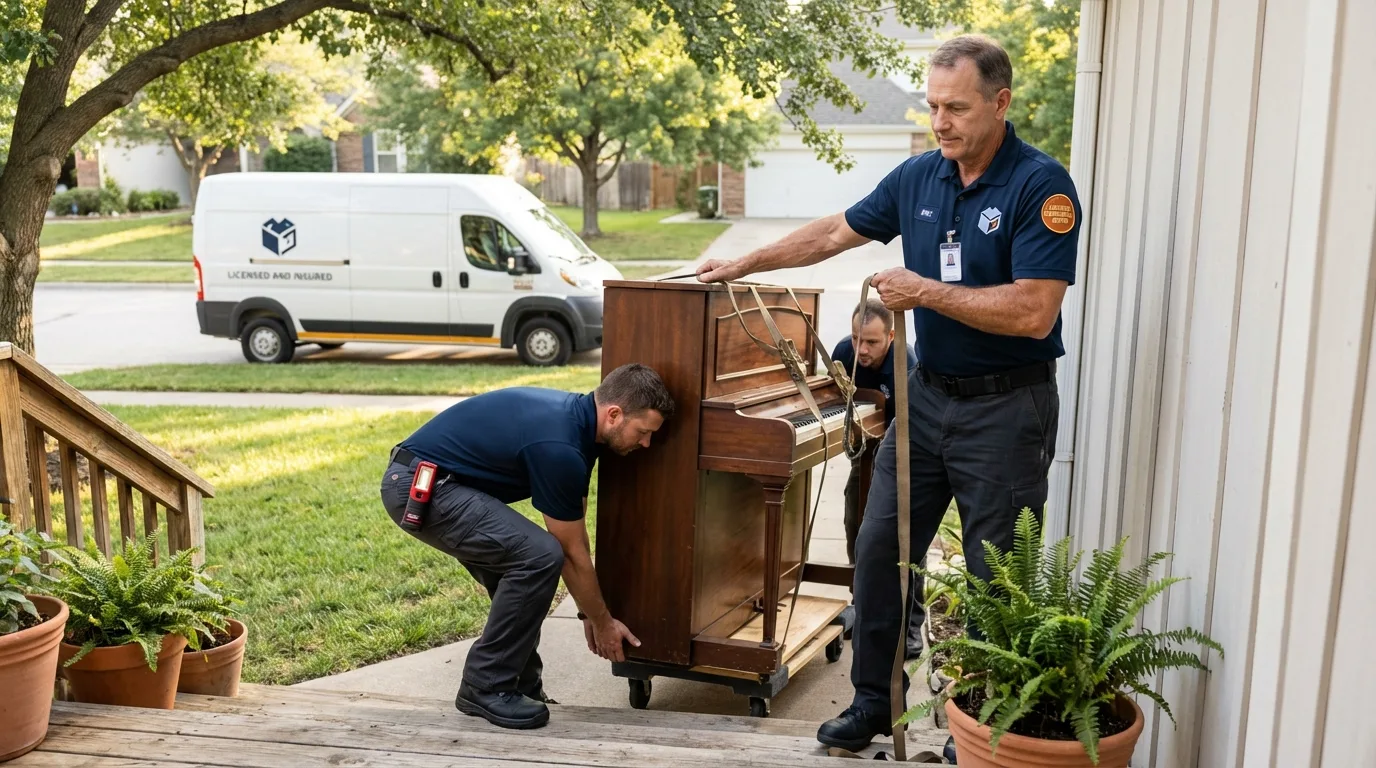 Licensed piano movers securing grand piano in Carthage, MO