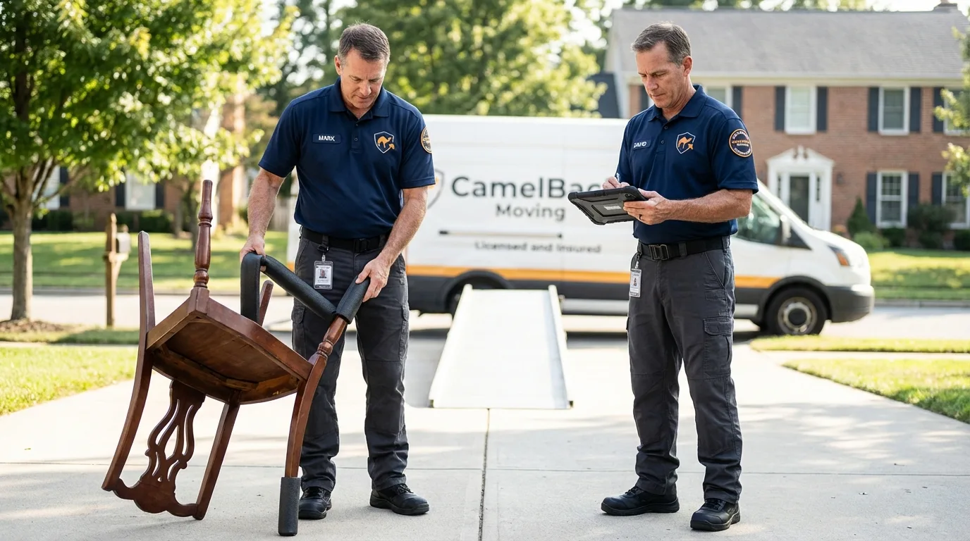 Movers inspecting furniture for damage prevention before loading in Carthage, MO